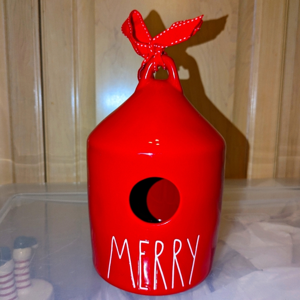 Htf Rae Dunn merry birdhouse in red. Farmhouse decor/ Christmas decor